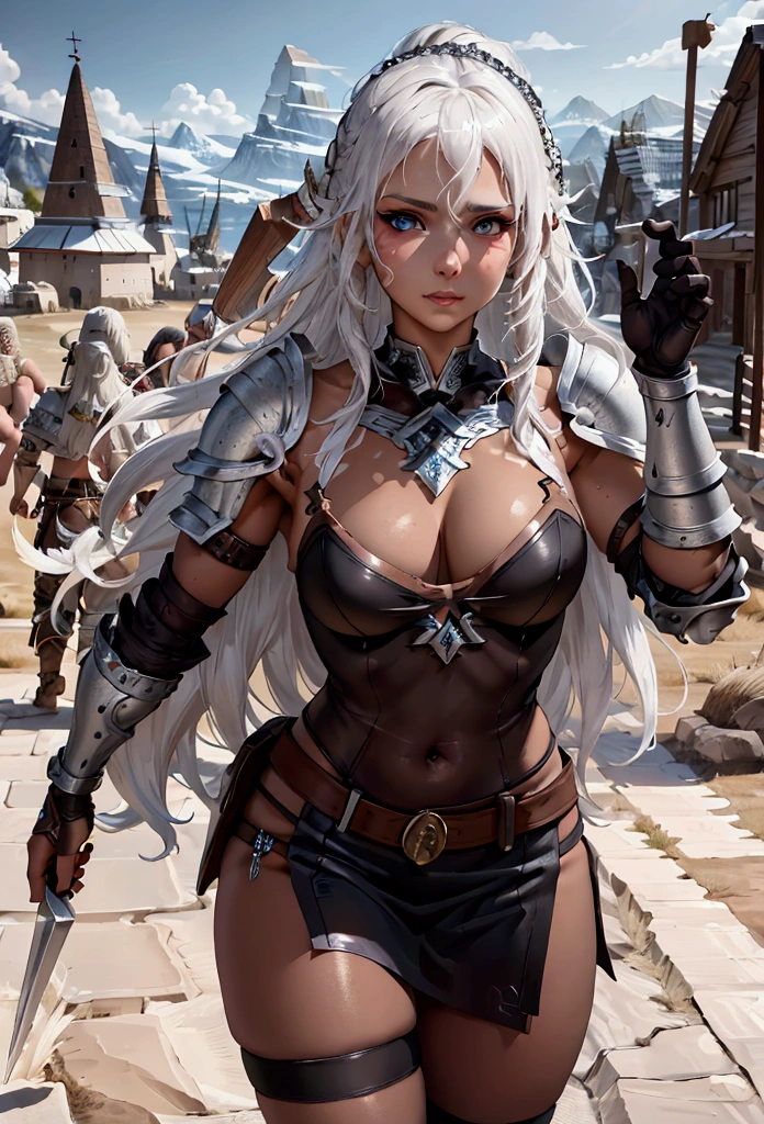 Masterpiece, best quality, brilliant details, cinematic lighting, exciting perspective, Barbarian armor, young pretty woman, beautiful face, perfect eyes, perfect proportions, norse type, tan skin, white hair, viking warrior, 