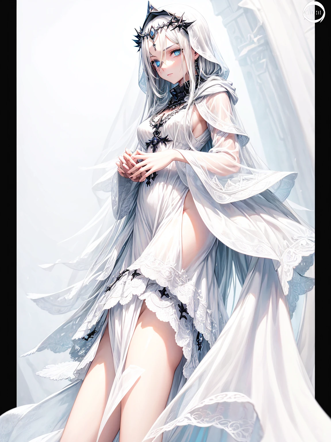 a young dark fantasy church priestess, with long black hair and white streaks, wearing an eyepatch on one eye, and her blueish green eyes, she cares a serious expression on her face and an angel like appearance, she wears elegant yet simple and modest black outfit, with some silver jewelry, she also wears a long see through veil on her head, with a faded sliver star shaped halo at the behind her head, she is holding her hands together symbolizing a prayer gesture.Long Hair, Black Hair, Blue eyes, mysterious, Hood, Halo, Anatomically Correct, Best Quality, Accurate, High Resolution, Looking at viewer, back view