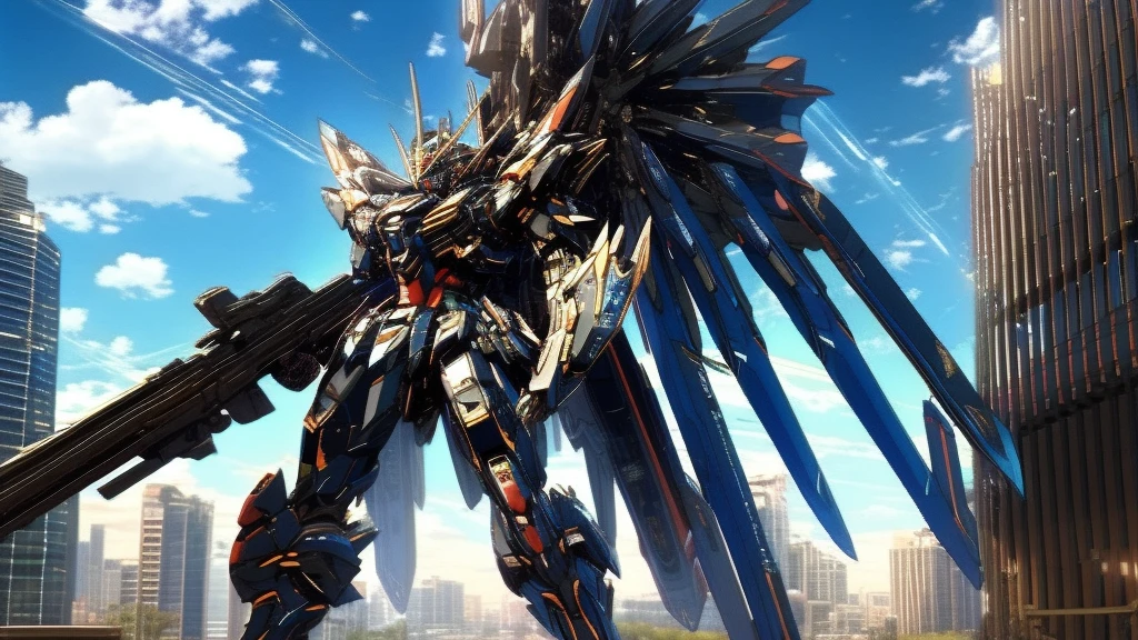 best quality, masterpiece, highly detailed, ultra-detailed,(blue sky:1.1), cloud, holding_weapon, a (((mecha))) with sleek and menacing design, (mecha armor:1.5),glowing ,heroic parts, mechanical parts, (long legs:1.5),robot joints,(huge shield:1.2),(battle-ready:1.2),(powerful stance:1.3),(Detailed eye description:1.2),(huge mechanical weapon:1.3),(detailed armor description:1.2),(detailed shield description:1.2),(detailed weapon description:1.2),(huge mechanical gun:1.2),(holding gun and weapon :1.3) BREAK building, glowing_eyes, science_fiction, city, realistic,