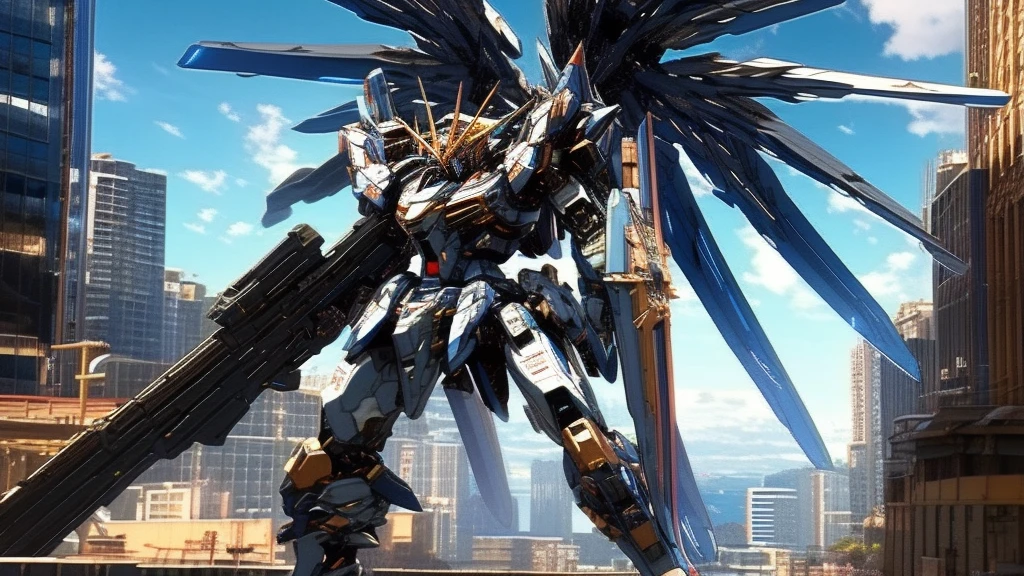 best quality, masterpiece, highly detailed, ultra-detailed,(blue sky:1.1), cloud, holding_weapon, a (((mecha))) with sleek and menacing design, (mecha armor:1.5),glowing ,heroic parts, mechanical parts, (long legs:1.5),robot joints,(huge shield:1.2),(battle-ready:1.2),(powerful stance:1.3),(Detailed eye description:1.2),(huge mechanical weapon:1.3),(detailed armor description:1.2),(detailed shield description:1.2),(detailed weapon description:1.2),(huge mechanical gun:1.2),(holding gun and weapon :1.3) BREAK building, glowing_eyes, science_fiction, city, realistic,