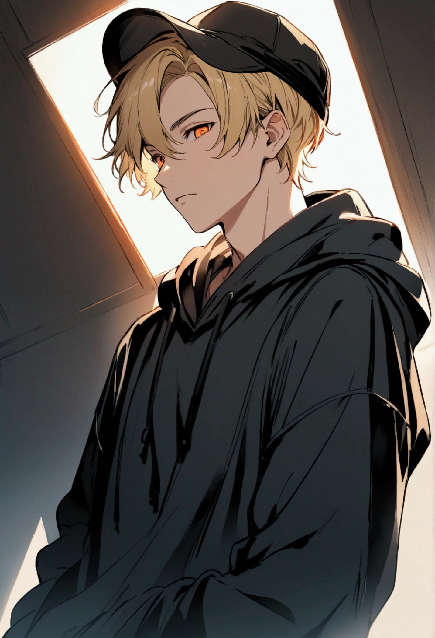 Handsome young man, blond, Orange Eyes, short hair,  Black Hoodie, Put on your hat,high quality, Draw Amount, pixiv illustrations