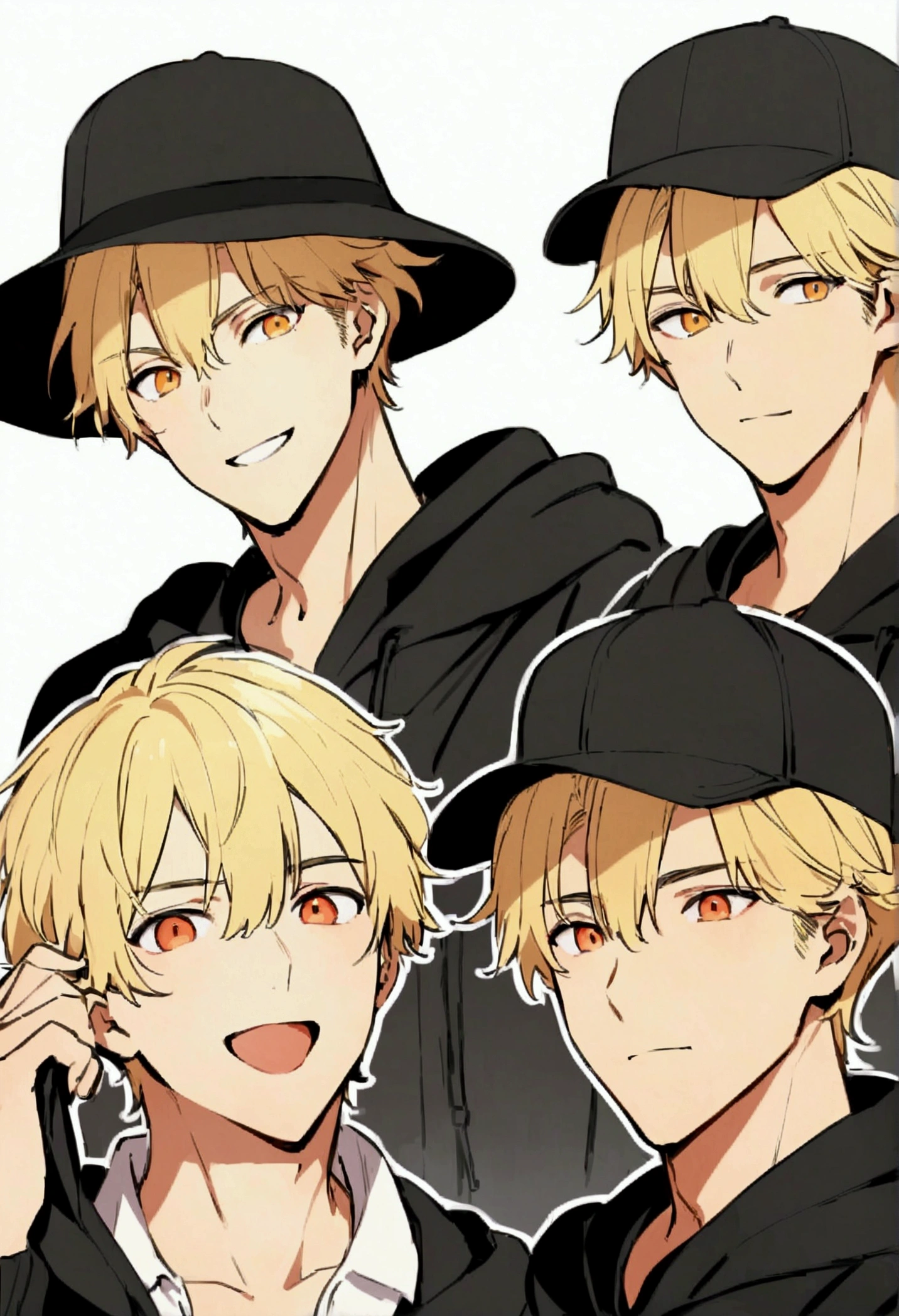 Handsome young man, blond, Orange Eyes, short hair,  Black Hoodie, Put on your hat,high quality, Draw Amount, pixiv illustrations