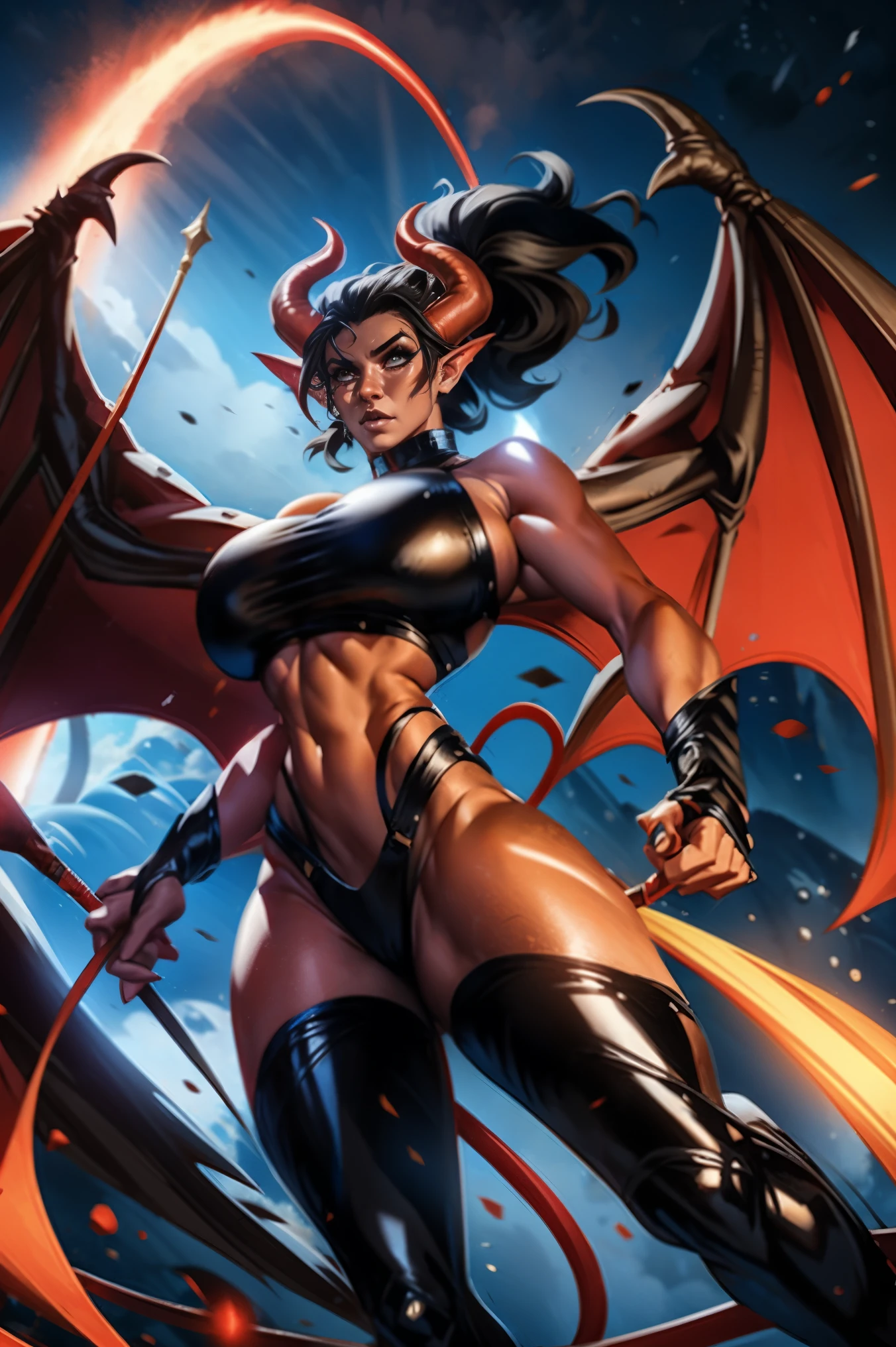 Red skin succubus tiefling, digitigrade legs, medium breasts, black horns, wings, huge tail, black leather, crop top, long flowing pelvic curtain, tall, toned, graceful, thin, long black ponytail. Action scene, whip. Dark scene, explosions, night sky.