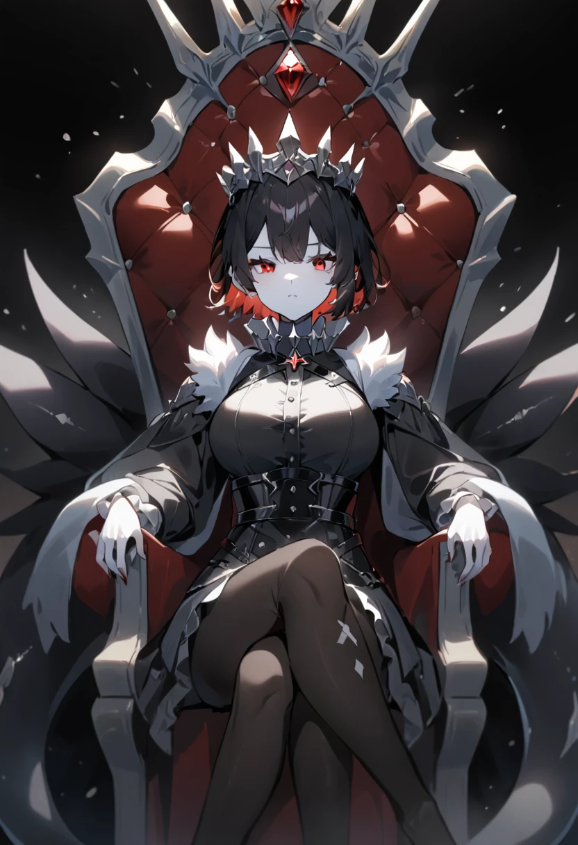 A sitting anime girl，Queen，short hair，Red eyes，Big breasts，Black pantyhose，gem，High and cold，Hands at your sides，throne，Black shark tail，Cross your legs，White skin