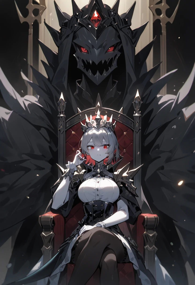 A sitting anime girl，Queen，short hair，Red eyes，Big breasts，Black pantyhose，gem，High and cold，Hands at your sides，throne，Black shark tail，Cross your legs，White skin