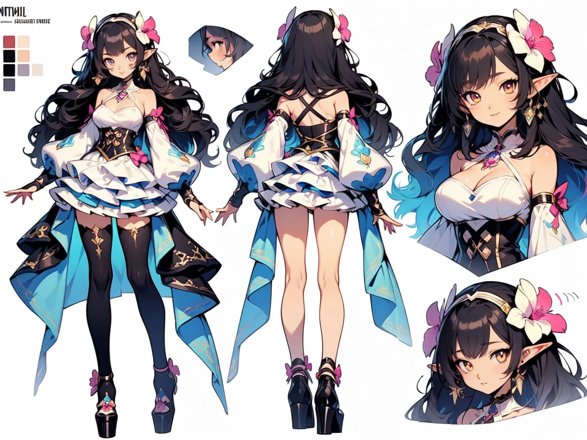 beautiful character design, best quality, anime woman, pastel color, elf ears, long black hair, clothing details with orchids, yellow eyes, vtuber, phoenix based, dark blue color, turquoise, white body clothes, saturated colors, expressive, vtuber, ,((black hair)), ((dark blue hair tips)), summer lightness, exposed shoulders and arms, transparencies clothes, seduction, smile, feminine style, mature woman, anime woman, pretty woman, black stockings, delicate orchid Accessories, fantasy detailed corset, surreal girl, anime girl, realistic girl, , Orchid Hair accessories, (blue pupils), forehead, fantasy, Medium and long end, ( Colorful) (best quality: 1.2), masterpieces, (High precision: 1.1), 8k resolution, (detailed), delicate, noise reduction, complex Details, Ultra detailed, Very detailed, complex, small details , CG, freshness, official art, oficial character design ((dark black hair)) black high socks, (expressive) (night phoenix inspirated) ((fullbody)) ((mommy vibes, big breasts)) vtuber design, famous vtuber clothes, sexy clothes, pretty, ((full vtuber sheet)) Vtuber character design ((mommy)) tight clothes, fantasy clothes, ((mythical clothes)) mythical creature, detailed clothes