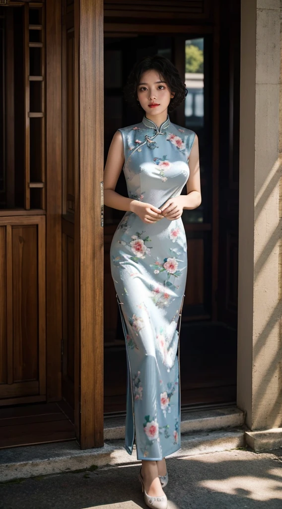 RAW photos, best quality), (Photo-real:1.3), best quality, Very detailed, masterpiece, Ultra Detailed, illustration, 1 Girl,8k wallpaper，amazing，Level lighting effects，Natural soft lighting，Short curly hair，cheongsam，During the day，Exterior，street，For the audience，stand up