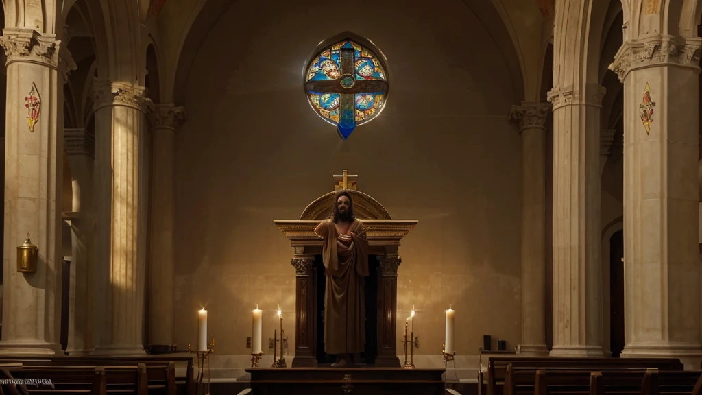 Imagine a deeply emotional scene inside an ancient and sacred church. The soft light that enters through the multicolored stained glass windows paints the room with a palette of soft, calm colors.. Sturdy stone pillars and ornate architectural details frame the central image of the church's nave.
In the center of this church, Jesus Christ is represented in a work of art that captures His loving and welcoming gaze. Their eyes, full of compassion and wisdom, seem to meet the gaze of every person who enters the sacred space, offering comfort and spiritual peace.
Jesus' expression is serene, conveying a sense of benevolence and universal welcome. His posture is light and graceful, reflecting His divine and human nature in perfect harmony.
The light that illuminates the image of Jesus is soft and diffuse, creating a soft halo around your head, symbolizing His divinity and purity. The soft shadows in the folds of His robe emphasize the texture and depth of the artwork., highlighting His imposing and reassuring presence.
Ao redor de Jesus, There are candles burning in golden candelabra, whose light gently flickers, adding an ethereal glow and a sense of serenity to the room. A simple altar with a cross in the background completes the scene., reminding the faithful of Jesus' redemption and sacrifice.
This image not only captures the artistic beauty and spirituality of the church environment, but it also conveys the eternal message of unconditional love and welcome that Jesus Christ represents for all who seek comfort and spiritual guidance in His presence.