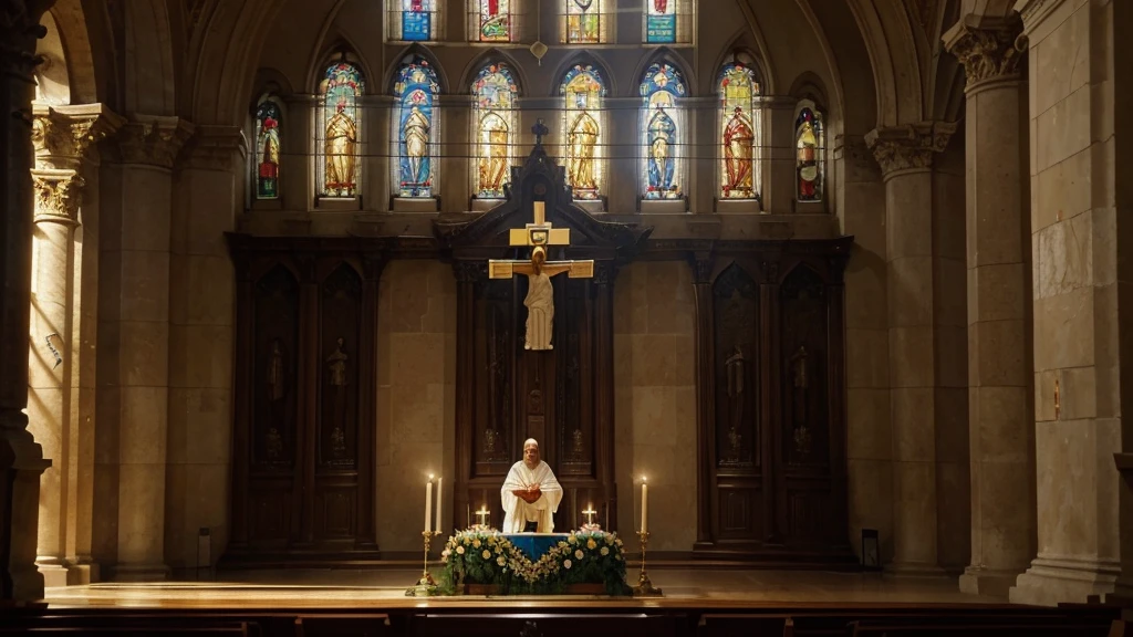 Imagine a deeply emotional scene inside an ancient and sacred church. The soft light that enters through the multicolored stained glass windows paints the room with a palette of soft, calm colors.. Sturdy stone pillars and ornate architectural details frame the central image of the church&#39;s nave.

In the center of this church, Jesus Christ is represented in a work of art that captures His loving and welcoming gaze. Their eyes, full of compassion and wisdom, seem to meet the gaze of every person who enters the sacred space, offering comfort and spiritual peace.

Jesus&#39; expression is serene, conveying a sense of benevolence and universal welcome. His posture is light and graceful, reflecting His divine and human nature in perfect harmony.

The light that illuminates the image of Jesus is soft and diffuse, creating a soft halo around your head, symbolizing His divinity and purity. The soft shadows in the folds of His robe emphasize the texture and depth of the artwork., highlighting His imposing and reassuring presence.

Ao redor de Jesus, There are candles burning in golden candelabra, whose light gently flickers, adding an ethereal glow and a sense of serenity to the room. A simple altar with a cross in the background completes the scene., reminding the faithful of Jesus&#39; redemption and sacrifice.

This image not only captures the artistic beauty and spirituality of the church environment, but it also conveys the eternal message of unconditional love and welcome that Jesus Christ represents for all who seek comfort and spiritual guidance in His presence.