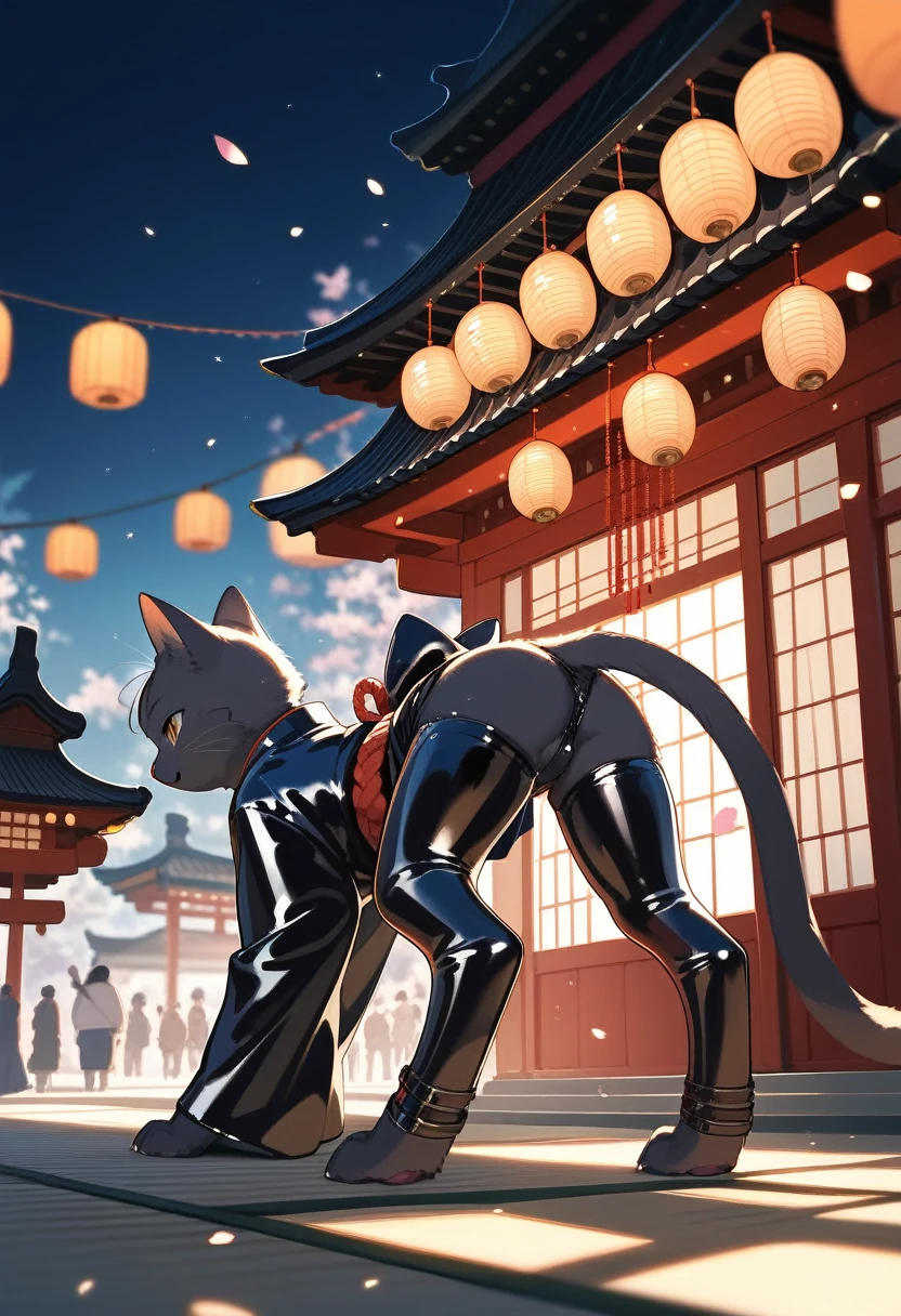 Highest quality, Highest quality, High quality illustrations, masterpiece, Ultra-high resolution, Detailed Background, Kyoto, Festivals, Absurd, Perfect Anatomy, performance, Good lighting, Shadows in the movies(kemono, Furry PersonifiCation), Cat, kimono, latex, rubber, From the side, Show your ass