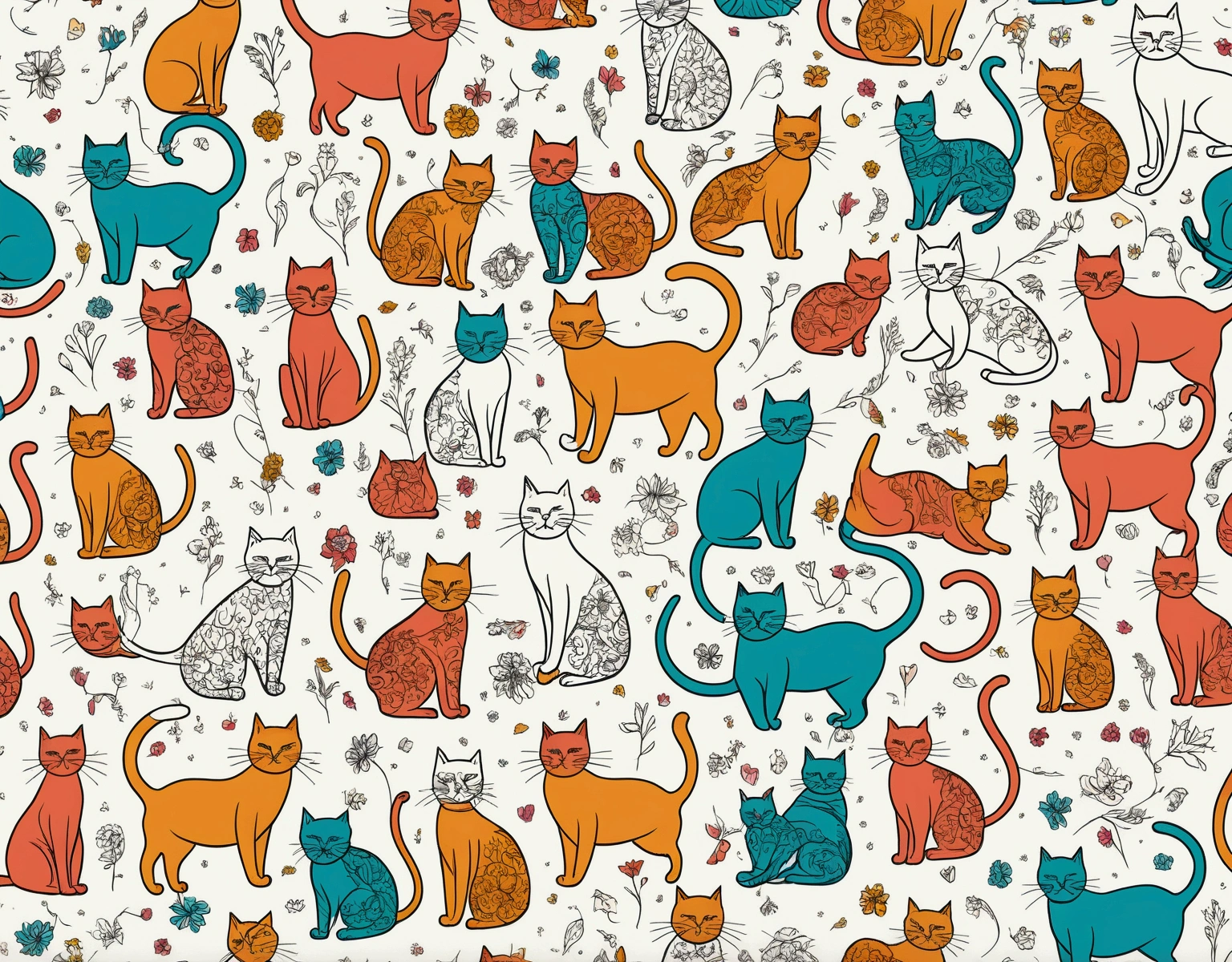 All motifs have a black line edge, colorful cats drawing style, Cats doing acrotics,