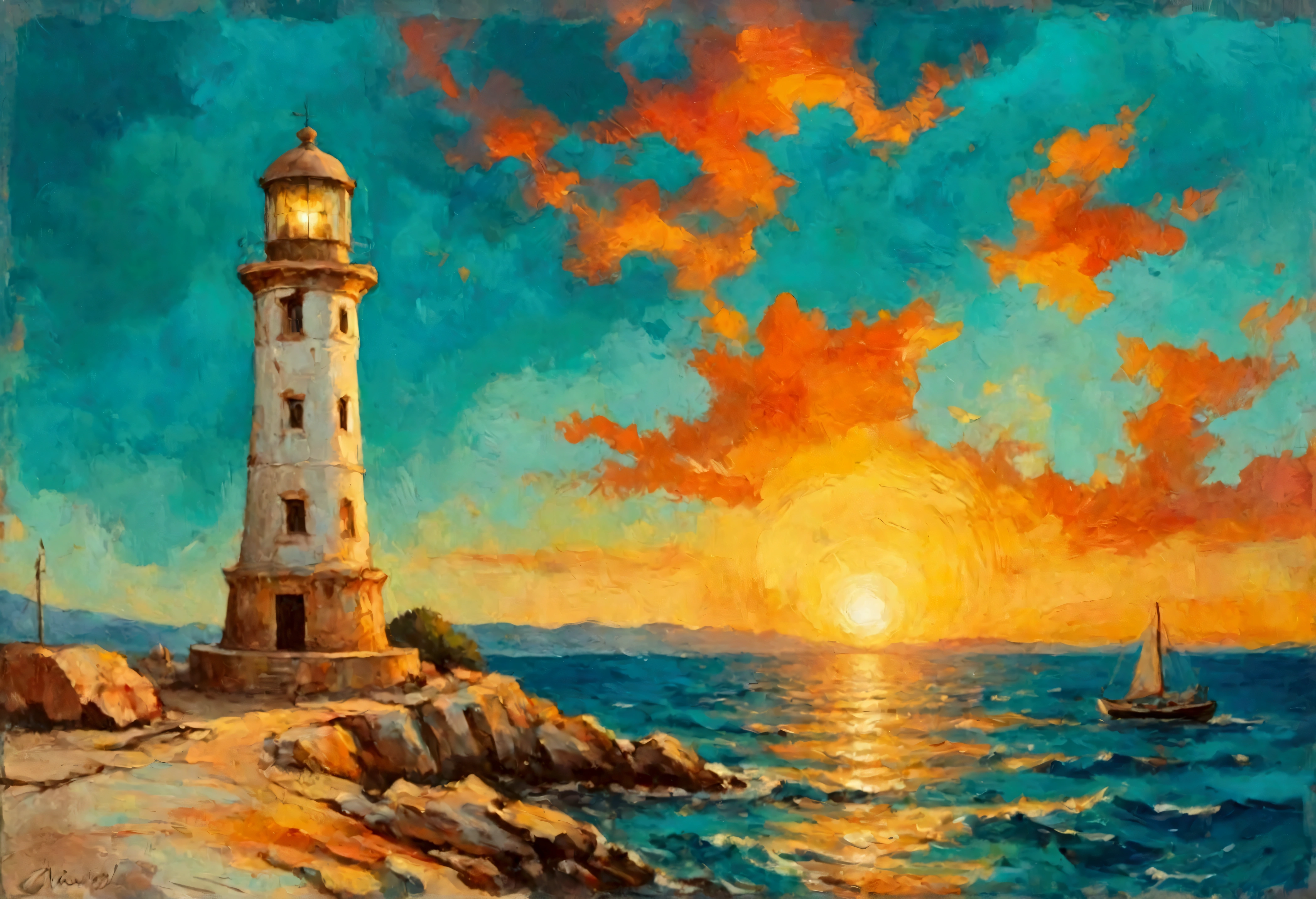 a thick textured oil painting, impasto brushstrokes, dry brushing,revealing underlayers, breathtaking composition, Create an art deco inspired illustration of A scenic lighthouse Chania Lighthouse (Greece), overlooking the turquoise waters of sunset. Include vibrant pastel colors, sleek lines, and a retro summer atmosphere. The style should be reminiscent of vintage travel posters with a modern twist,  breathtaking composition, wall art decor, Chania Lighthouse (Greece), Chania Lighthouse (Greece)