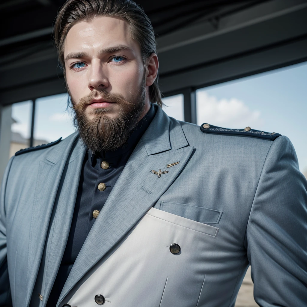 Muscular white man with blue eyes and beard wearing a German military suit. 