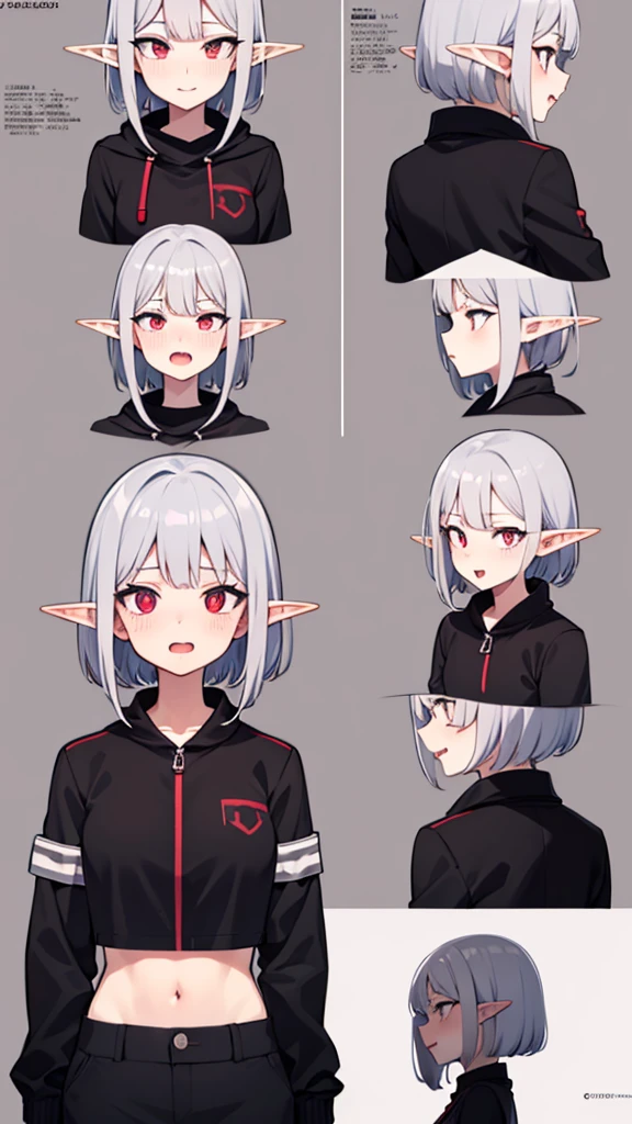 anime girl, grey hair, long hair, short hair, straight hair, bob cut, dilated pupils, devil pupils, open mouth, embarrassed, blush, tongue out, expressionless, naughty face, naughty, yandere, fang, rape face, anime, Conceptual art, high detail, anime style, reference sheet, from side, from below, from behind, from above, UHD, masterpiece, anatomically correct, super detail, high details, high quality, best quality, highres, 8k, caracter design, art concep, medical jacket, vampire, elf ear