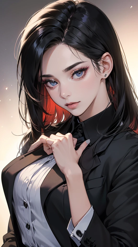 (masutepiece, Digital Art, Digital Illustration, 4K, 8K, Ultra-detailed, beautiful image, Sharp Image, Photorealistic, Raw photo, Perfect face, Perfect lines, Perfect eyes, Soft lighting) 1 woman, (Long Black Hair,straight haired,Bullish gaze,Beautie,Woman in suit,Solid makeup,23 y-o woman,small tits:1.3),Secretary, Two handsome men in suits, (ember,Men in suits,well-muscled,Firm shoulder width,Adult male,Boyish hairstyle,English gentlemanly style,Man in his 30s with a cool expression,28-year-old man with bright smile:1.2),Parti、a couple、couple kissing、kiss、the kiss、Romance、Kissing