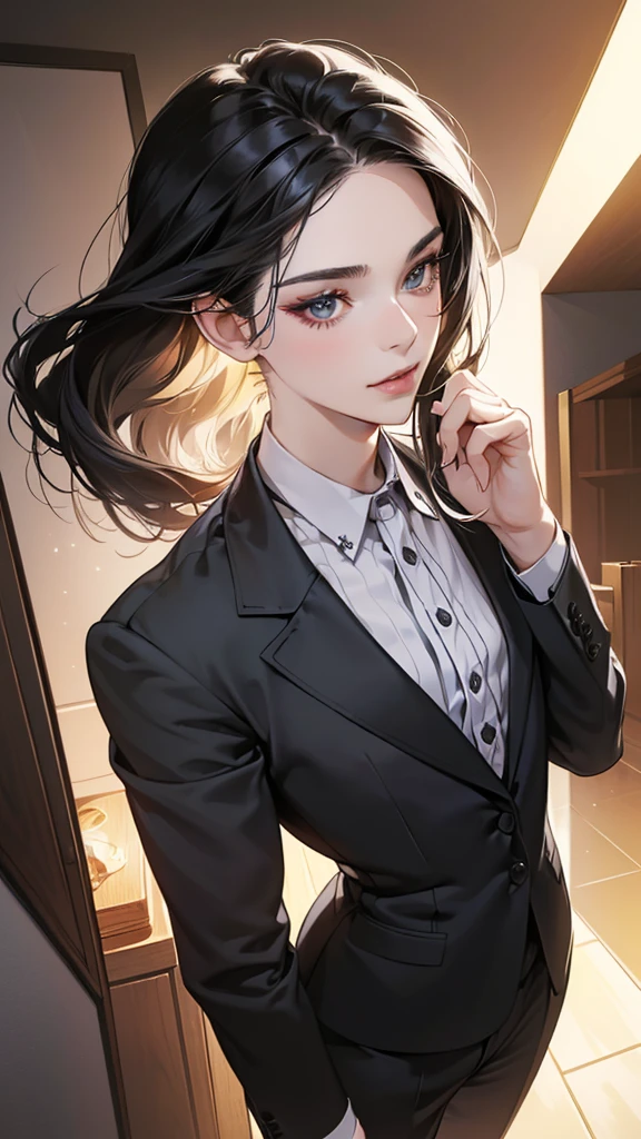 (masutepiece, Digital Art, Digital Illustration, 4K, 8K, Ultra-detailed, beautiful image, Sharp Image, Photorealistic, Raw photo, Perfect face, Perfect lines, Perfect eyes, Soft lighting) 1 woman, (Long Black Hair,straight haired,Bullish gaze,Beautie,Woman in suit,Solid makeup,23 y-o woman,small tits:1.3),Secretary, Two handsome men in suits, (ember,Men in suits,well-muscled,Firm shoulder width,Adult male,Boyish hairstyle,English gentlemanly style,Man in his 30s with a cool expression,28-year-old man with bright smile:1.2),Parti、a couple、couple kissing、kiss、the kiss、Romance、Kissing