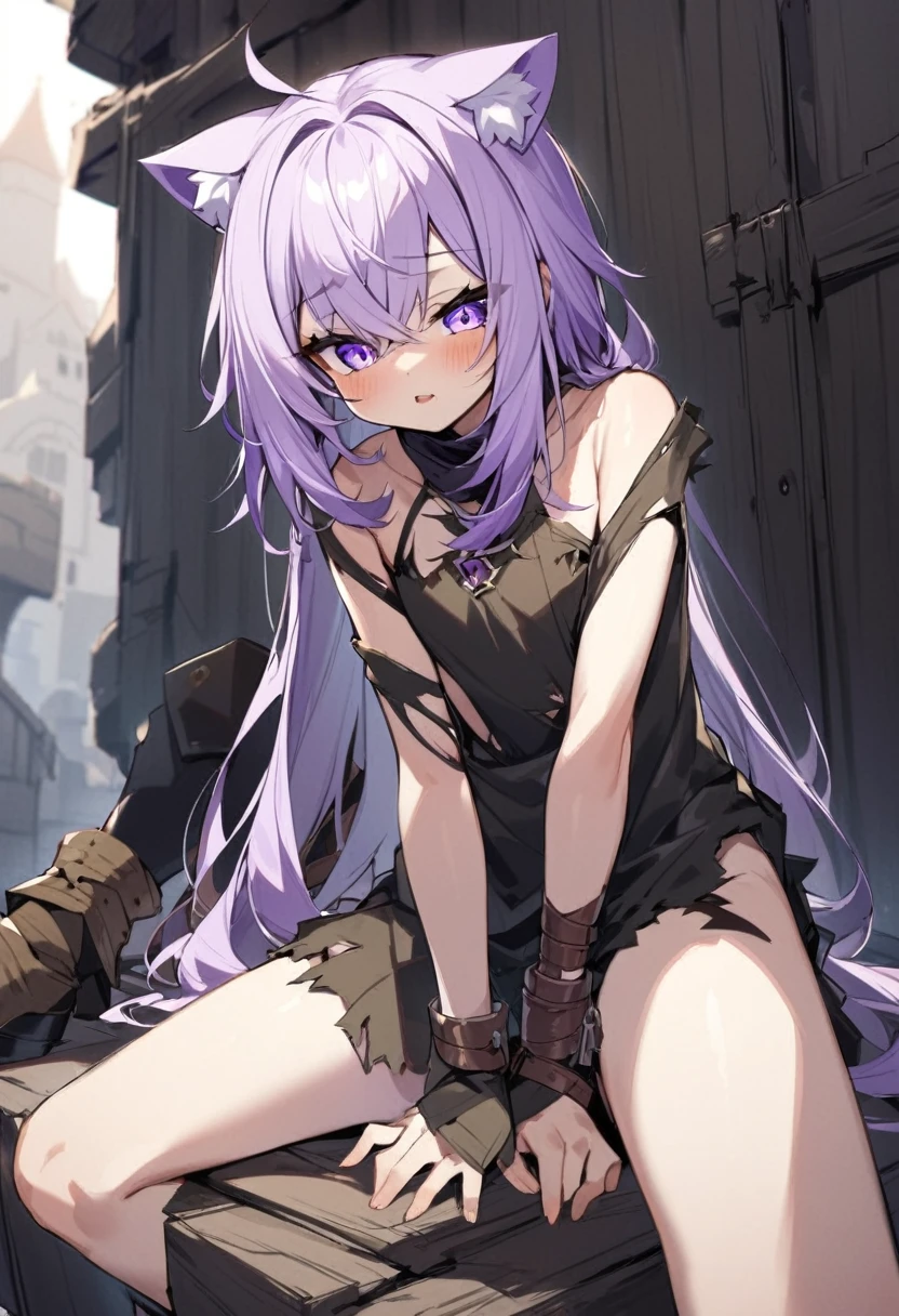  nekomata, very young,very beautiful , torn ragged medieval costume clothes, a slave sitting on top of her legs , pointy chest 