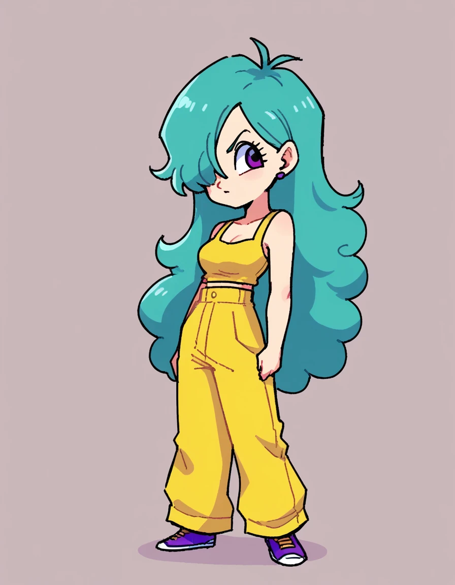 ,stkyswt, zPDXL, score_9, score_8_up, score_7_up, source_anime, BREAK sketch, flat color, 1girl, solo, purple eyes, vivziepop, full body, lineart, dragon ball, long hair, yellow tube top, portrait, hair over one eye, aqua hair, medium breasts, purple eyes, baggy plack pants