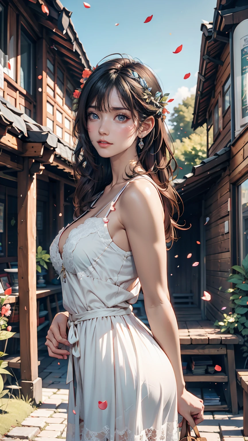 Realistic, Genuine, Beautiful and stunning landscape oil painting Studio Ghibli Hayao Miyazaki Petals Grassland Blue Sky Grassland Country Road,building, --v6、24-year-old female、Sexy proportions、erotic、Summer dress with lace decoration、Mules、