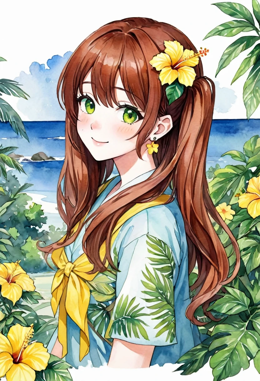 ((masterpiece)), ((Highest quality)), (watercolor:1.5),One girl, alone, Light blue long hair、Twin tails、flower, hibiscus, freckles, smile, leaf, bangs, sign, yellow flower, Brown Hair, Long Hair, Green Eyes, Hair between the eyes, flower earring, Cumulonimbus, landscape, Tropical countries, White Background,