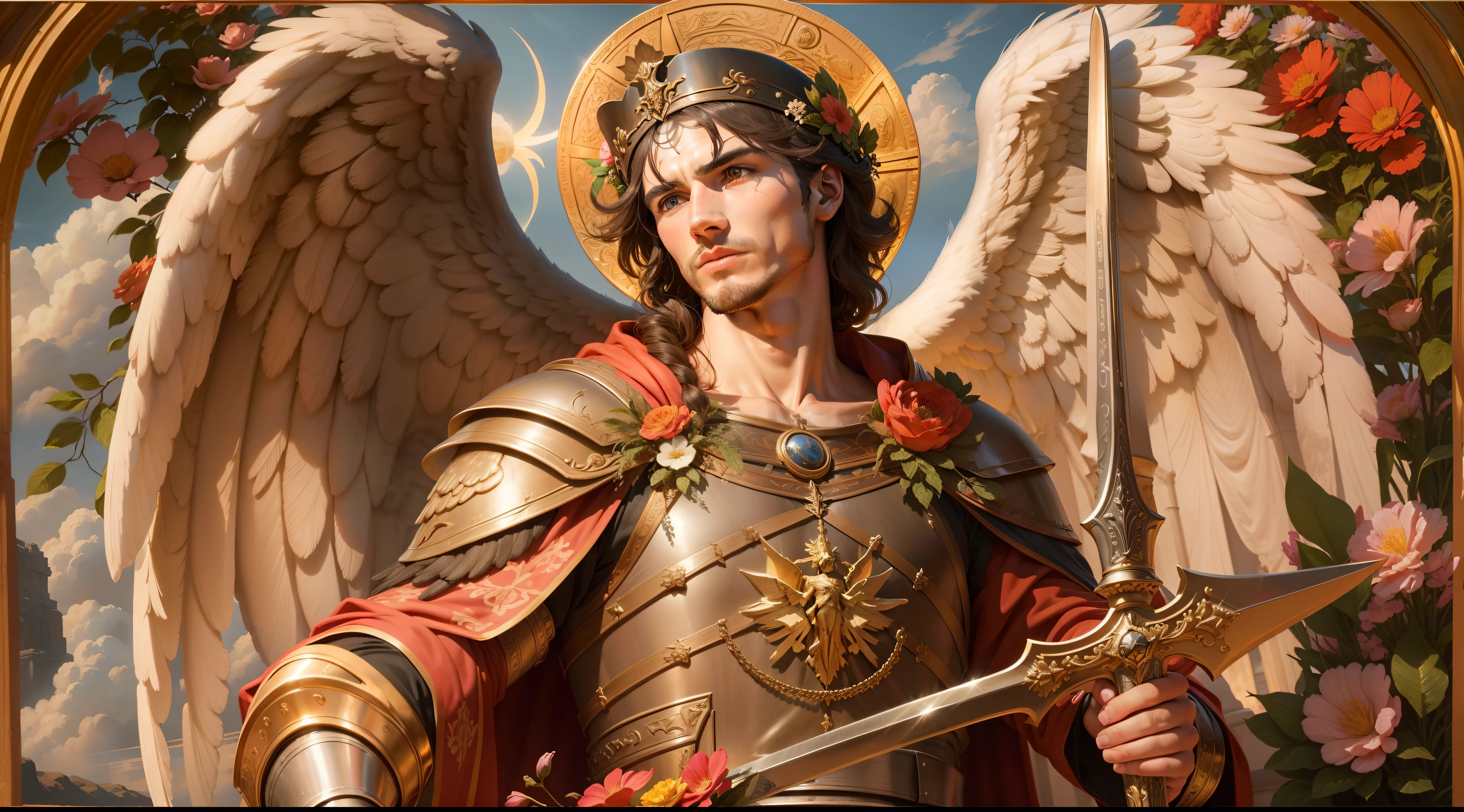 Close-up of an image of a male angel with a large and long sword with attack stance in his right hand, in the other left hand holding a scale, Angel dressed as a Roman soldier looking at the ground, archangel man with big wings, the angel of fortune, perfect, reslística, Biblical setting, Mystical setting, ultra realistic sun and clouds, flowers and candles, enlightened archangel of heaven, floral flowers colorful, burning candles, white and red clothes
