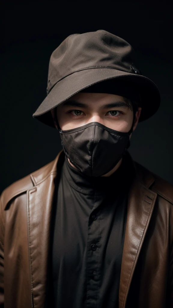 Man in dark brown hat and autonomous mask and dark background