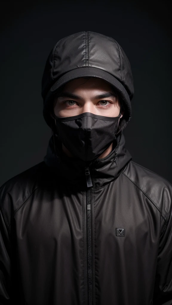 Man in dark brown hat and autonomous mask and dark background