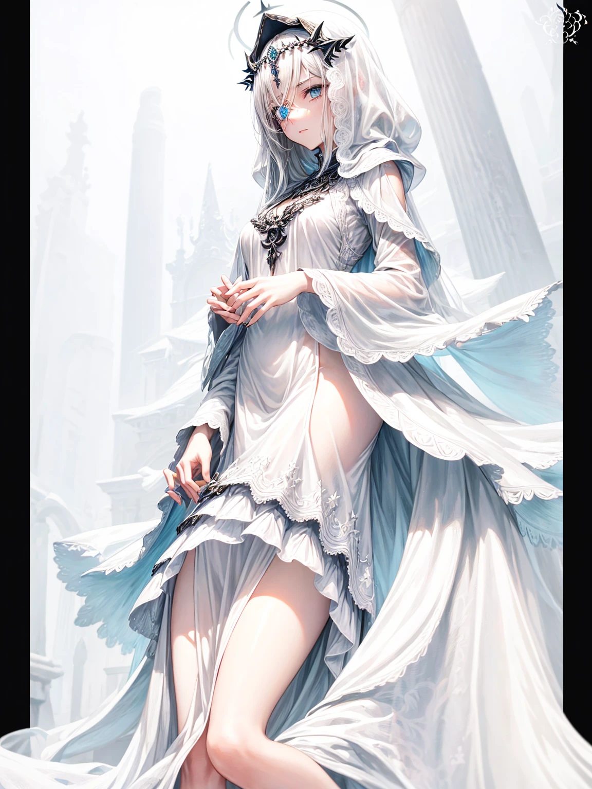 a young dark fantasy church priestess, with long black hair and white streaks, wearing an eyepatch on one eye, and her blueish green eyes, she cares a serious expression on her face and an angel like appearance, she wears elegant yet simple and modest black outfit, with some silver jewelry, she also wears a long see through veil on her head, with a faded sliver star shaped halo at the behind her head, she is holding her hands together symbolizing a prayer gesture.Long Hair, Black Hair, Blue eyes, mysterious, Hood, Halo, Anatomically Correct, Best Quality, Accurate, High Resolution, Looking at viewer, back view