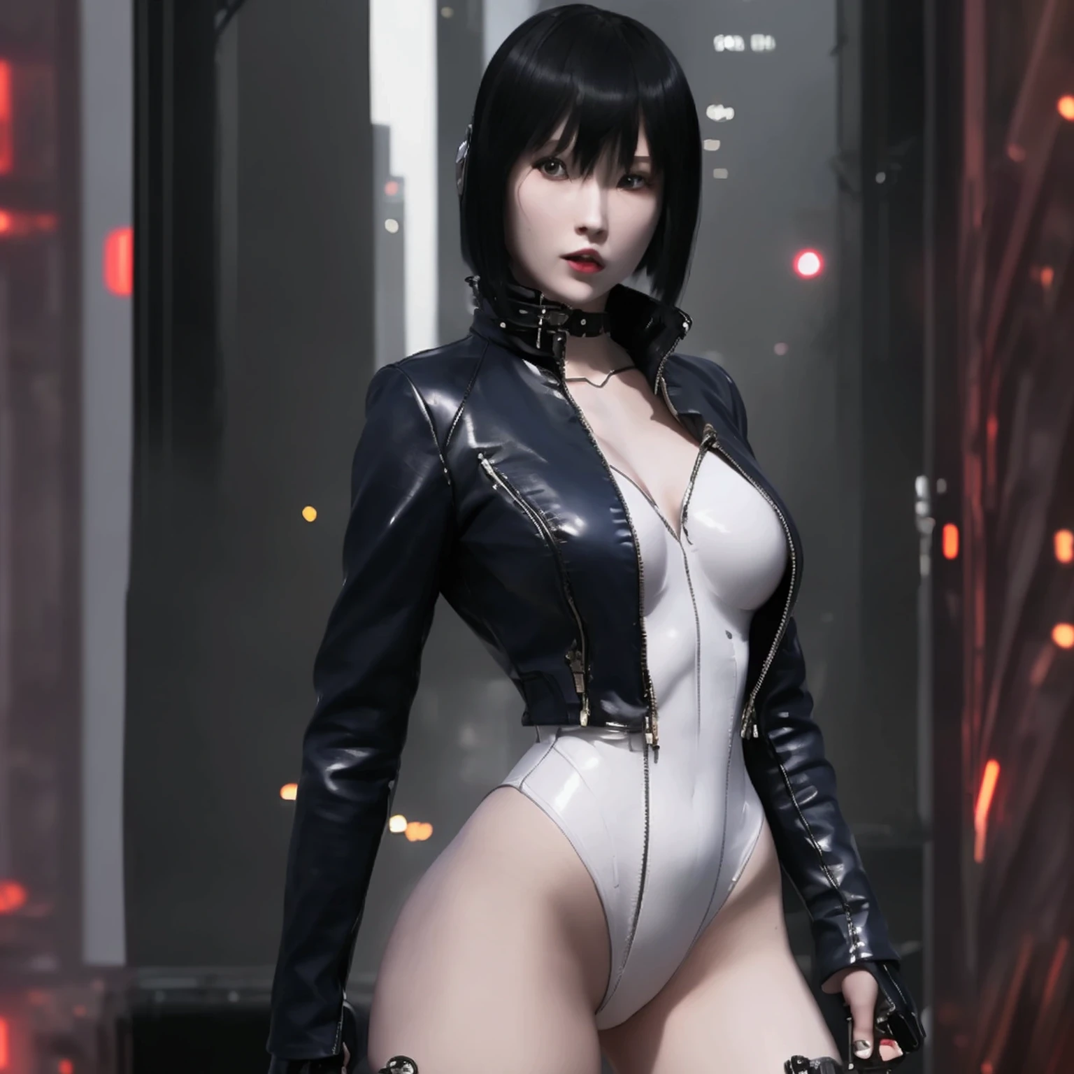 High resolution photo of a woman, beautiful woman in white leotard with bare chest, navy blue bob hair, bangs, stockings, high heel boots, holding futuristic pistol, black leather jacket, army jacket, Ghost in the Shell, Kusanagi Motoko, futuristic city, belt around waist, belt with bullets, futuristic soldier, full body image,