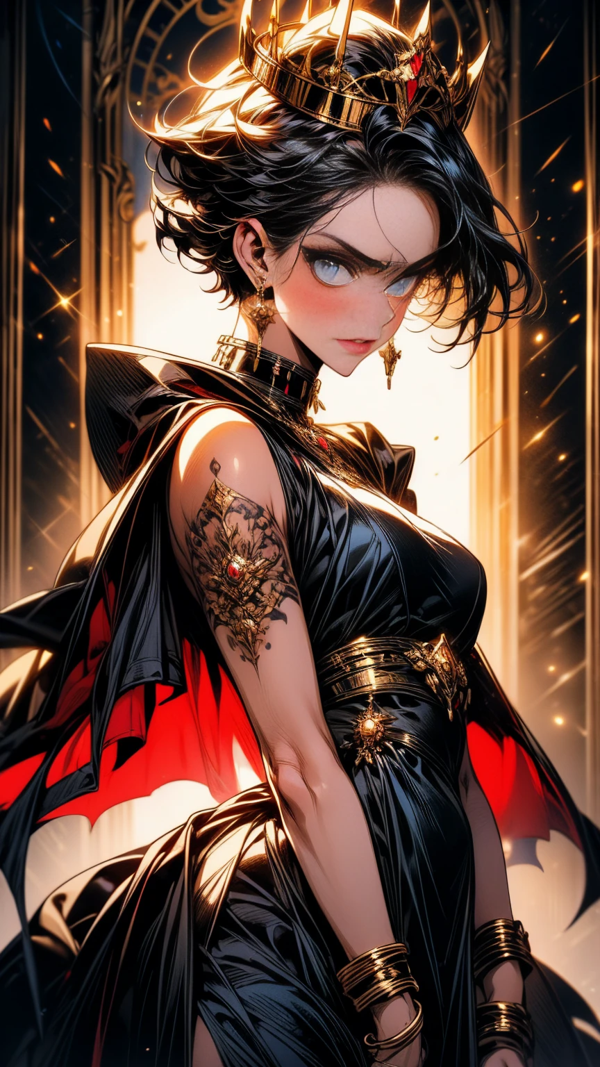 Generate a detailed image of a woman with short black hair highlighted with blue accents, having intense sky-blue eyes adorned with black makeup. Her lips are painted in a soft shade of red. She wears a semi-armor in black on her upper body, complemented by a black dress with a side slit at the lower part. Her fair skin showcases tattoos on her hip. The woman is in black heels with a scale pattern, and she wears a detailed crown featuring short black spikes. She also sports a blue cape with intricate black and golden embroidery. The scene is set in a gallery with a dark background, beautifully illuminating her figure, and she presents a slightly angry expression, posing with a mix of sexiness and regal presence.