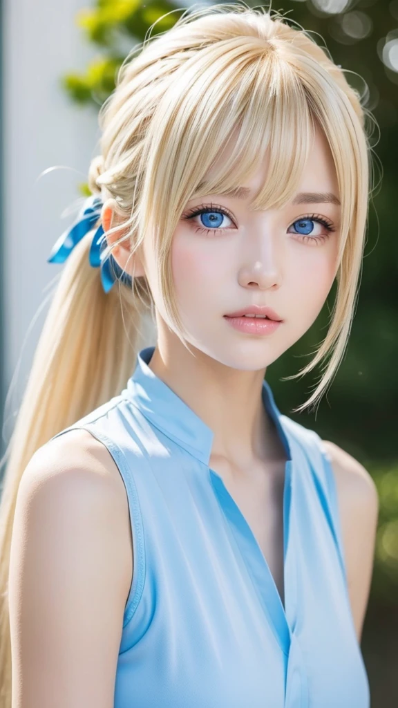 blonde hair with a pony tail、long bangs hanging on a beautiful face,,,,、Very cute beautiful sexy young girl、Very perfect and beautiful cute face、Clear beautiful cute eyes、Beautiful pale blue eyes that shine、de pele branca、dazzling shiny skin、