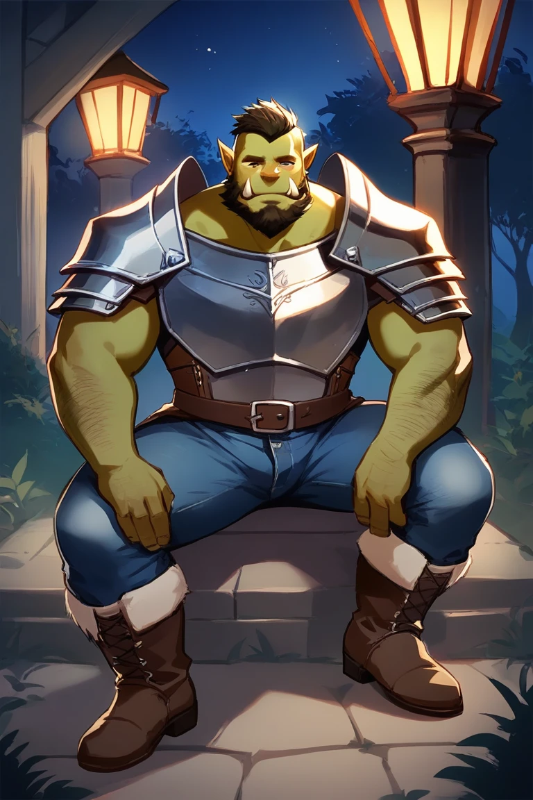 score_9, score_8_up, score_7_up, solo, male focus, male, orc, green skin, tusks, beard, outdoors, micro armor , shoulder armor, breastplate, upper body, closed mouth, pauldrons, night, night sky , (( jeans )) , full body , boots , laying spread legs , legs up , massive ass , tear , ashamed face