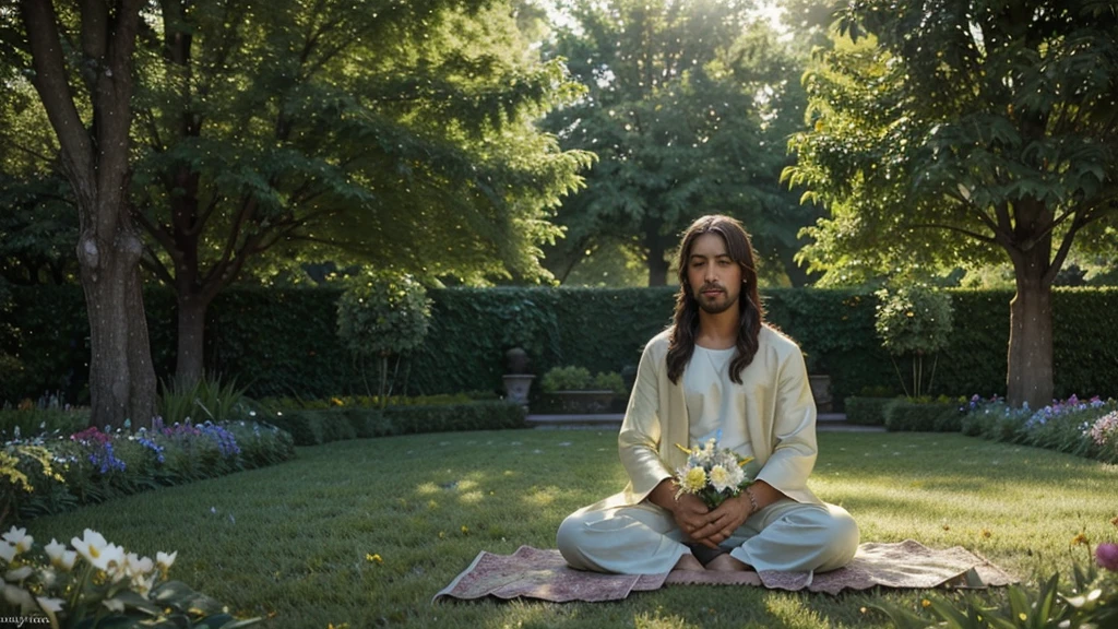 Imagine a serene and inspiring scene in a peaceful, well-kept garden, where nature exudes peace and beauty. The morning sun casts its gentle rays through the treetops, creating patterns of light and shadow on the ground covered in green grass.
In the center of this garden, Jesus Christ is depicted in a sculpture or painting that captures His loving, welcoming gaze. He is sitting or standing amidst a bed of colorful flowers, your hands gently extended in a gesture of invitation and comfort.
The face of Jesus conveys compassion and divine wisdom, His eyes full of unconditional love that reach deep into the hearts of those who contemplate His image. His expression is serene and tranquil, radiating an aura of peace and hope to everyone around you.
Ao redor de Jesus, the flowers in the garden are in full bloom, its vibrant colors softly contrasting with the serene figure of the Savior. Butterflies and birds fly freely, adding a touch of life and movement to the pastoral scene.
The golden light of the sun illuminates the scene softly and warmly, highlighting the details of the sculpture or painting of Jesus. The leaves on the trees sway gently in the wind, creating a natural symphony that complements the tranquility of the moment.
This image not only captures the natural beauty of the garden environment, but it also conveys the eternal message of love and welcome that Jesus Christ represents for all who seek comfort and hope in His presence.