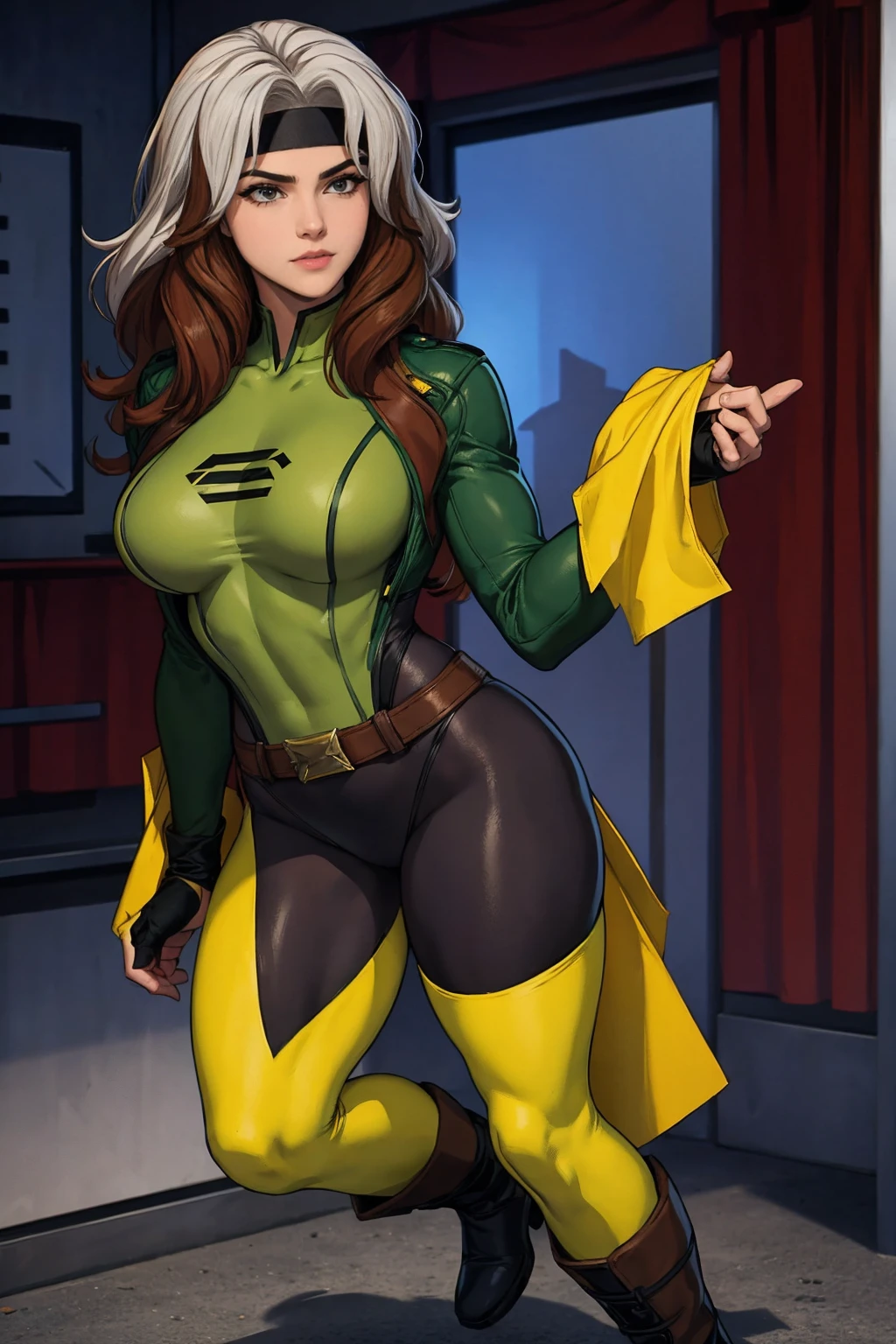 ((Full body photo, standing, feet on the floor)) Masterpiece, hd, 8k, ultra detailed, photorealistic !(Rogue is a mutant superhero who has the power to absorb the memories, powers, and characteristics of anyone she touches. Her appearance and wardrobe have varied over the years, but some elements are constant. Rogue has brown hair with a white streak in the front, which is the result of permanently absorbing Ms. Marvel's powers¹. Her eyes are green and she usually wears discreet makeup. His most characteristic wardrobe is a green and yellow bodysuit with a brown leather jacket over it. The suit has a belt with an X and high boots. Rogue also wears gloves to prevent accidental contact with other people. Sometimes Rogue accessorizes her outfit with a scarf, cap, or sunglasses. Rogue has an athletic figure and average height. Their expression is usually confident and defiant, but can also show vulnerability and tenderness. Rogue is a southern belle who has become a leader of the X-Men)
