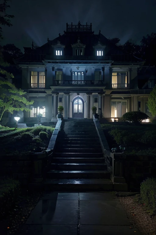 This is a mansion that has been in disrepair for a long time.，Gray and black overall，Looks very impressive，But at the same time it gives people a sense of horror，The mansion is surrounded by fog。There is a forest next to it，The forest is filled with a faint blue light，The windows of the mansion also emit blue light。There is a path leading to the gate at the entrance of the mansion。The mansion is placed in the upper left corner of the screen，The path goes from the lower right to the entrance of the mansion