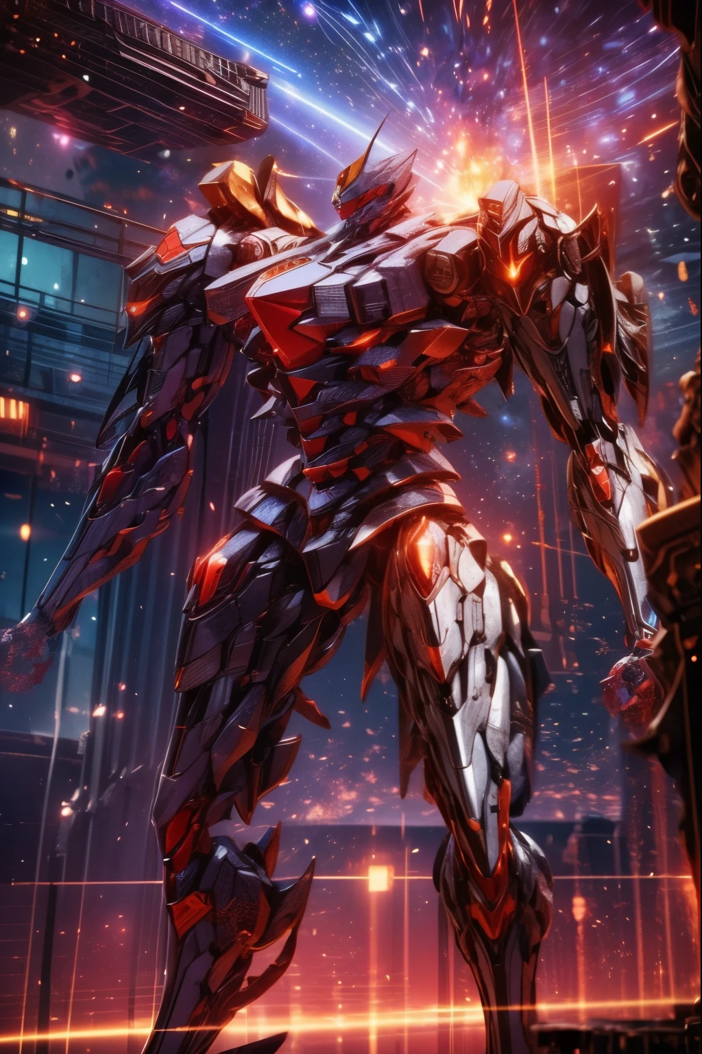 (work of art, best qualityer:1.5)Blood red mech with beige accents. With structure made of animal bones, vivid red eyes, fit the tribal appearance and average body. He carried with him a spear made of bones with red details.. Extremely detaild, intricate, 8k, HDR, naturallight, cinematic lighting, (Space battlefield:1.5), masterpiece-anatomy-perfect, ultra HD, Space Combat, Battlefield, Unreal Engine, RAW photo, metallic, professional, ultra-fine painting, perfect body proportions, anatomically correct, uhd, real texture material, Anti-Aliasing, FKAA, TXAA, RTX, SSAO, Post Processing, Post Production, Tone Mapping, CGI, VFX, SFXHyper maximalist, Volumetric, ultra photorealultra-detailed intricate details.