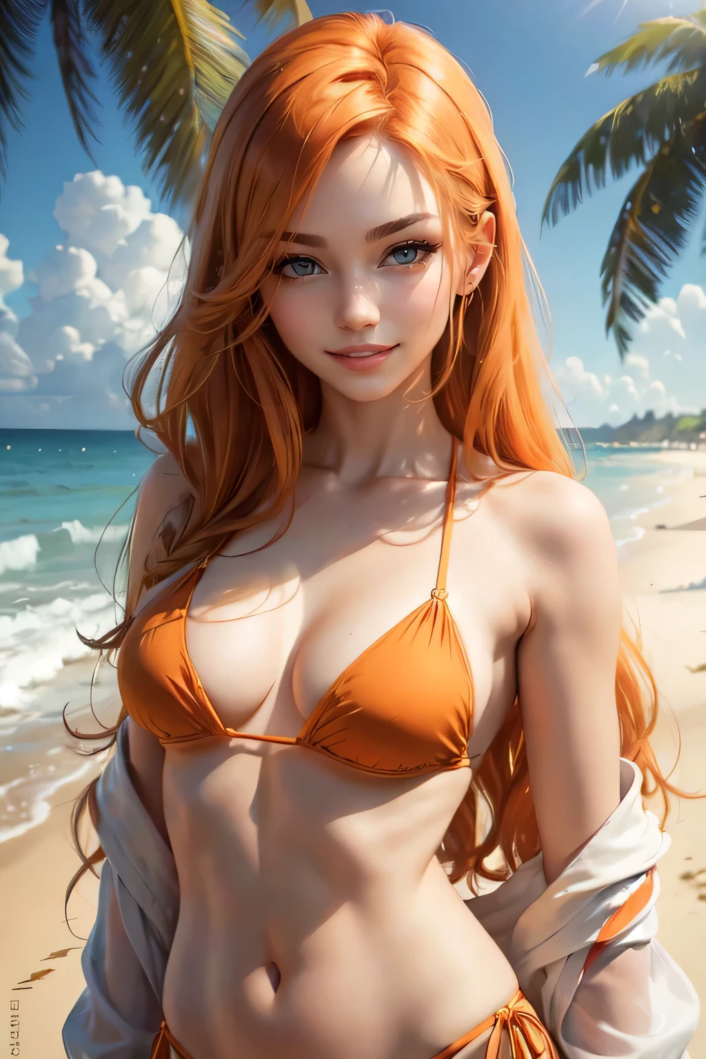 (anime girl,beach),beautiful detailed eyes,beautiful detailed lips,extremely detailed eyes and face,longeyelashes,illustration,seashells,soft sand,warm breeze,tropical paradise,summer vibes,vibrant colors,sun-kissed skin,wavy hair,playful smile,wearing a colorful bikini,cute sun hat,lying on a beach towel,relaxing under a palm tree,sparkling ocean waves,bright sunlight(best quality,4k,8k,highres,masterpiece:1.2),ultra-detailed,realistic,horizon,salty air,crashing waves,endless blue sky,mangrove forest,floating clouds,distant sailboats,golden sunset