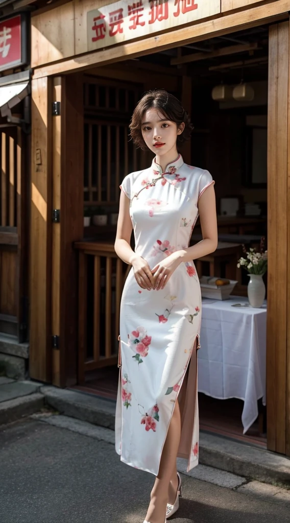 RAW photos, best quality), (Photo-real:1.3), best quality, Very detailed, masterpiece, Ultra Detailed, illustration, 1 Girl,8k wallpaper,amazing,Level lighting effects,Natural soft lighting,Short curly hair,cheongsam,During the day,Exterior,street,For the audience,stand up