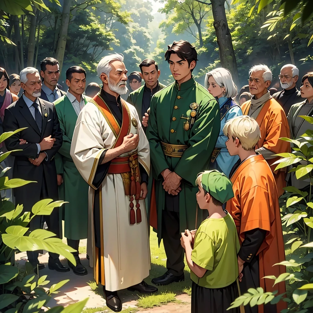 A scene of a respected man wearing a green advocate outfit, surrounded by people who admire and respect him. He stands at the center, projecting wisdom and confidence, with a gentle yet determined expression on his face. The background features a peaceful and inspiring community gathering, with lush greenery and soft sunlight filtering through the trees. People of different ages and backgrounds are gathered around him, some listening intently, others nodding in agreement, and a few expressing their gratitude, showcasing their admiration and trust in his guidance.