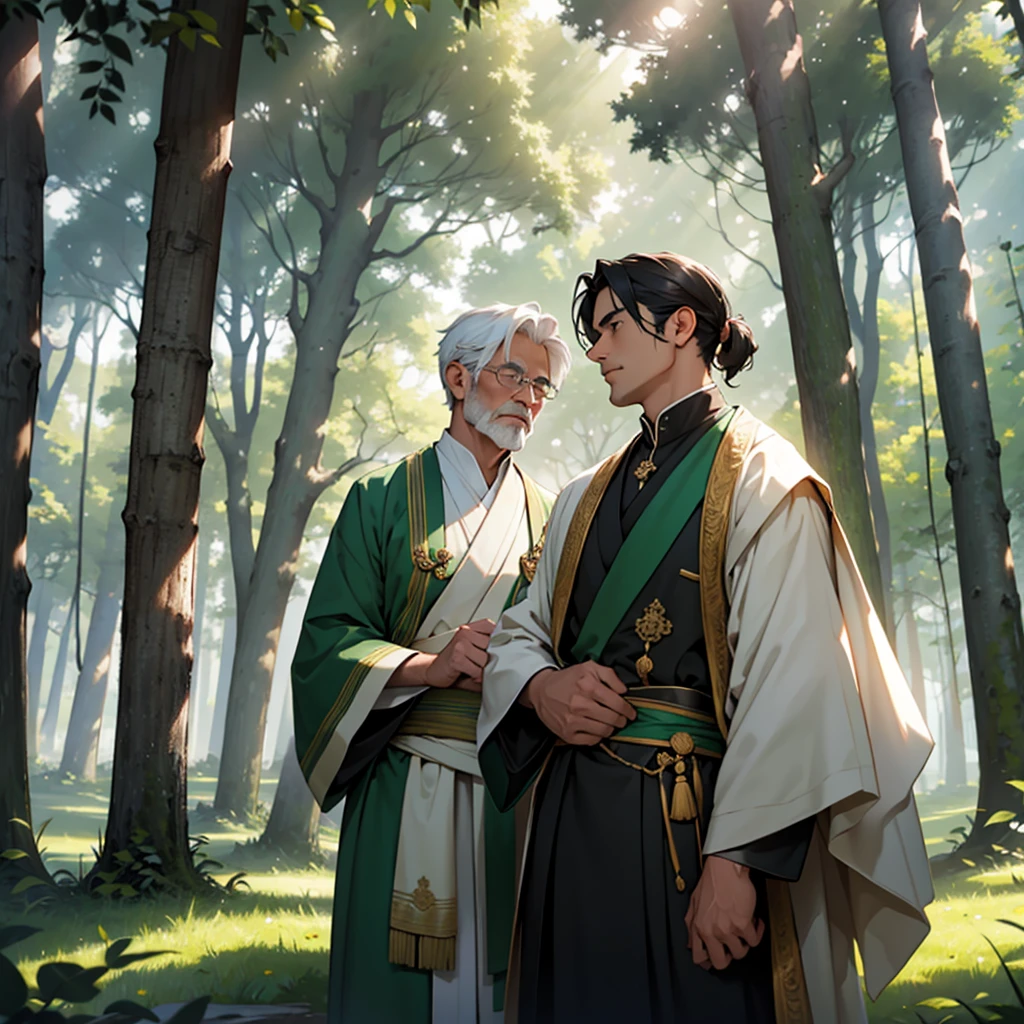 A scene of a respected man wearing a green advocate outfit, surrounded by people who admire and respect him. He stands at the center, projecting wisdom and confidence, with a gentle yet determined expression on his face. The background features a peaceful and inspiring community gathering, with lush greenery and soft sunlight filtering through the trees. People of different ages and backgrounds are gathered around him, some listening intently, others nodding in agreement, and a few expressing their gratitude, showcasing their admiration and trust in his guidance.