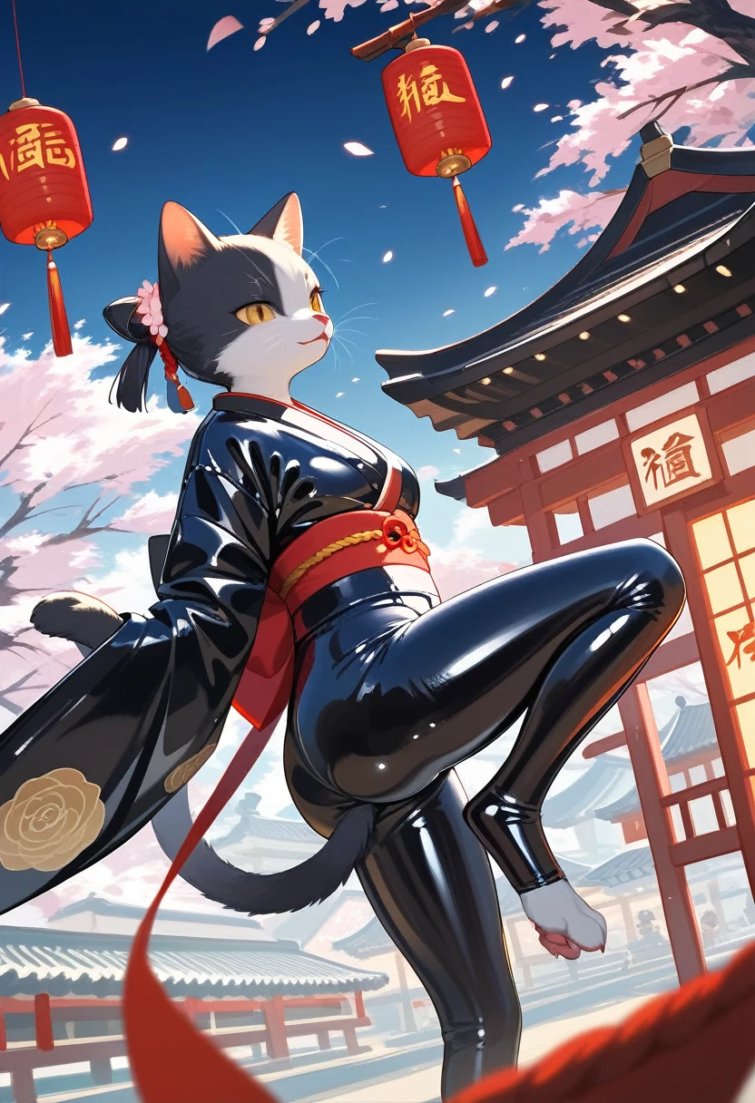 Highest quality, Highest quality, High quality illustrations, masterpiece, Ultra-high resolution, Detailed Background, Kyoto, Festivals, Absurd, Perfect Anatomy, performance, Good lighting, Shadows in the movies(kemono, Furry PersonifiCation), Cat, kimono, latex, rubber, From the side, Show your ass