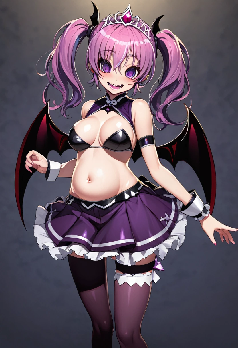 Cure Happy, Twin tails, Devil Wing Hair Ornament, skirt, tiara, Wrist cuff, Dark purple shorts, shorts under skirt, boots, , Hollow Eyes, Half-closed eyes, Wicked Smile, Crazy Smile, Open your mouth, One girl, Dark Magical Girl,Evil Fallen Magical Girl,Dark Background,Cast a Shadow,Highest quality,Skimpy,sexy,Sexy,Darkness Slaying,Villain,Costume with a visible belly ,(((C Cup))),Detailed Background