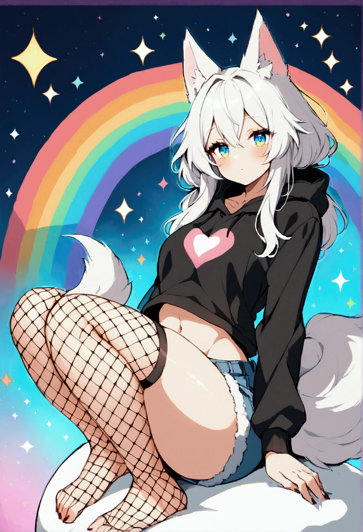 a cute adult male with wolf ears, long white hair, long locks, has a wolf tail, wearing a loose cropped black hoodie, wearing a pair of denim short shorts and fishnet stockings, thick thighs, wide hips, relaxing on mound of fluffy multi colored plushies, short, very slim, showing slender tummy, heart on hoodie, squishy thighs, has glowing blue eyes. alone, solo (ALONE)(SOLO), surrounded by rainbows, colorful galaxy backround, on knees stretching out