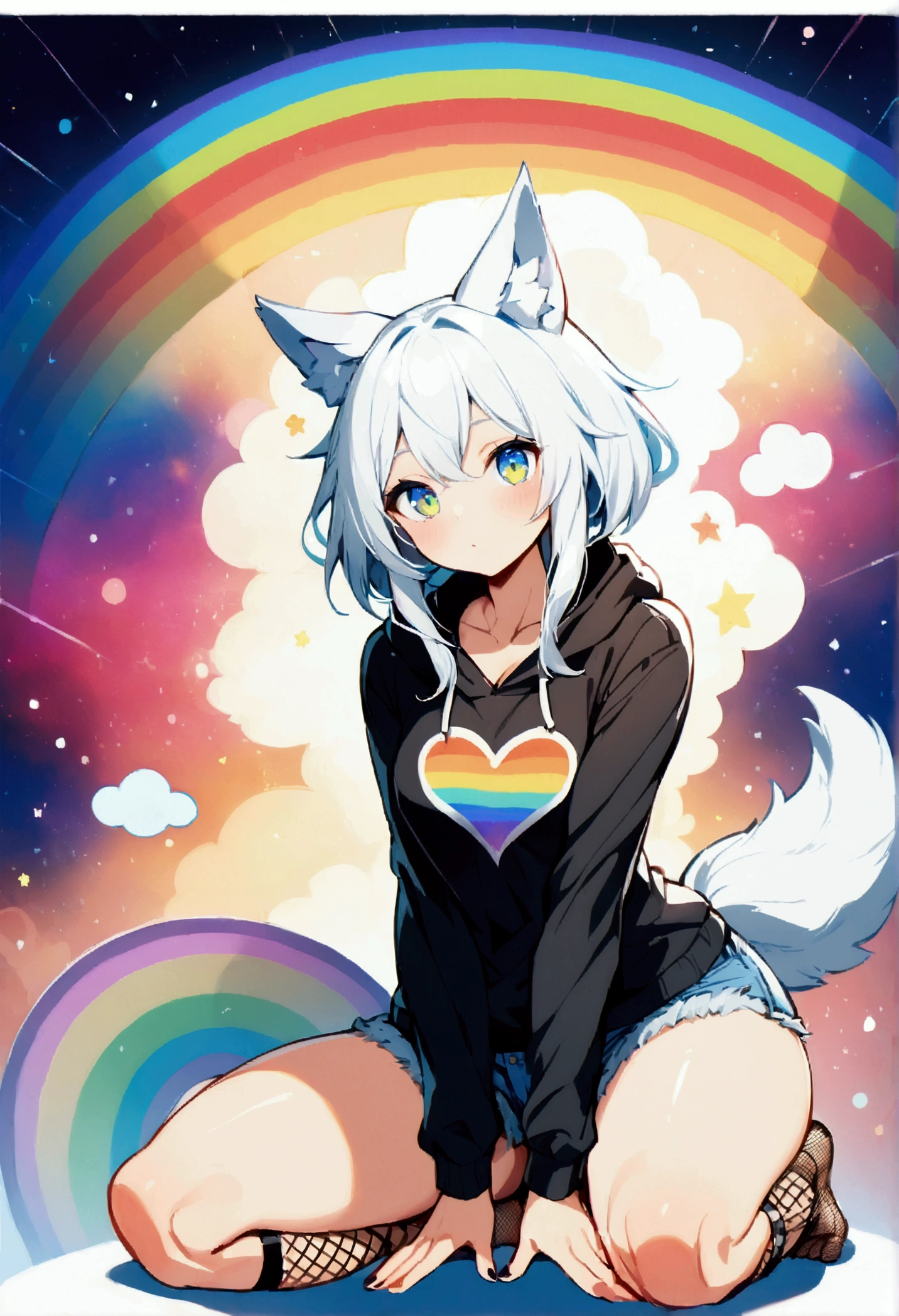 a cute adult male with wolf ears, long white hair, long locks, has a wolf tail, wearing a loose cropped black hoodie, wearing a pair of denim short shorts and fishnet stockings, thick thighs, wide hips, relaxing on mound of fluffy multi colored plushies, short, very slim, showing slender tummy, heart on hoodie, squishy thighs, has glowing blue eyes. alone, solo (ALONE)(SOLO), surrounded by rainbows, colorful galaxy backround, on knees stretching out