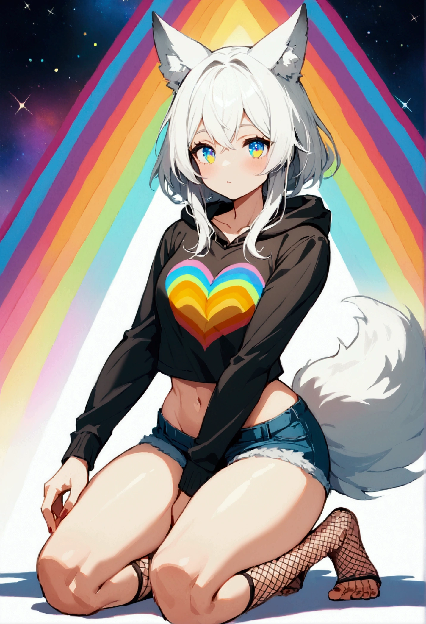 a cute adult male with wolf ears,long white hair with long locks, has a wolf tail, wearing a loose cropped oversized black hoodie, wearing a pair of denim short shorts and thigh high fishnet stockings, thick thighs, wide hips, relaxing on mound of fluffy multi colored kawaii plushies, short, very slim, showing slender tummy, stretching out, heart on hoodie, squishy thighs, has glowing blue eyes. alone, solo (ALONE)(SOLO), surrounded by rainbows, colorful galaxy backround, nice butt