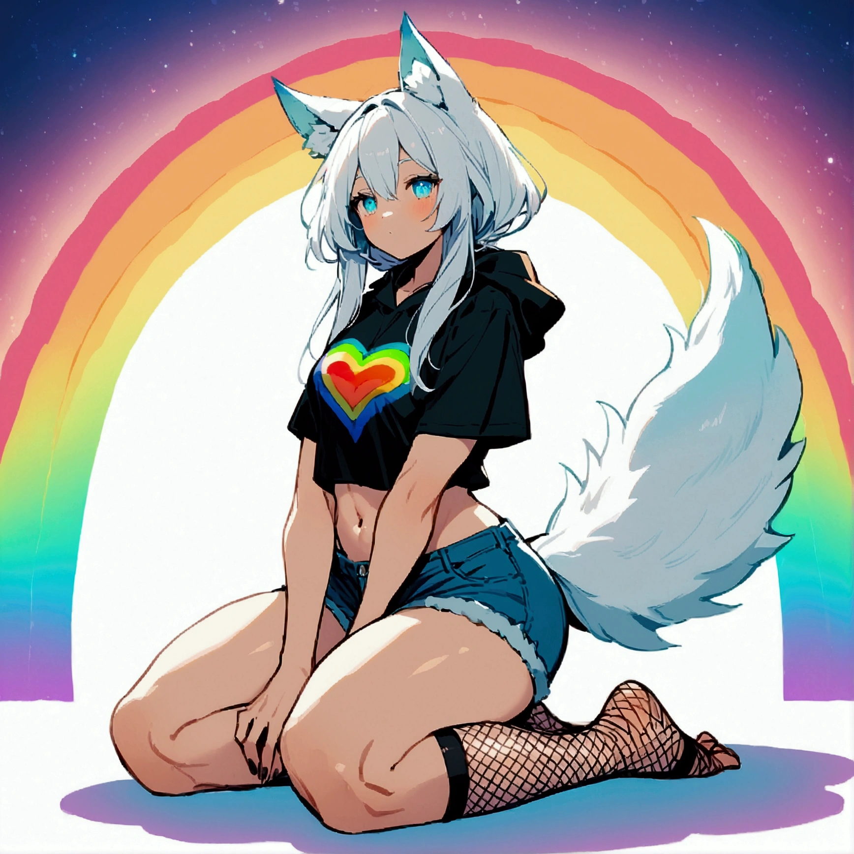 a cute adult male with wolf ears, long white hair, long locks, has a wolf tail, wearing a loose cropped black hoodie, wearing a pair of denim short shorts and fishnet stockings, thick thighs, wide hips, relaxing on mound of fluffy multi colored plushies, short, very slim, showing slender tummy, heart on hoodie, squishy thighs, has glowing blue eyes. alone, solo (ALONE)(SOLO), surrounded by rainbows, colorful galaxy backround, on knees stretching out