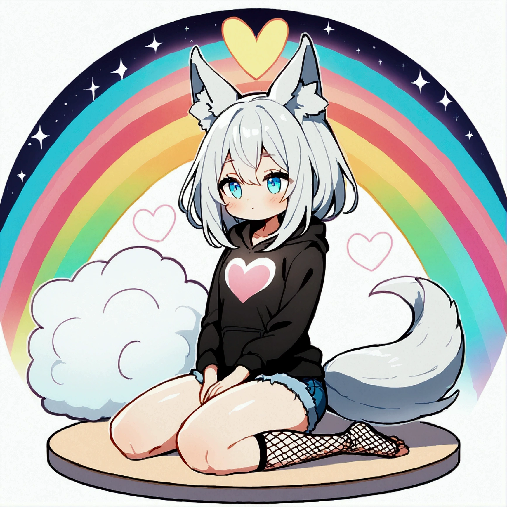 a cute adult male with wolf ears, long white hair, long locks, has a wolf tail, wearing a loose cropped black hoodie, wearing a pair of denim short shorts and fishnet stockings, thick thighs, wide hips, relaxing on mound of fluffy multi colored plushies, short, very slim, showing slender tummy, heart on hoodie, squishy thighs, has glowing blue eyes. alone, solo (ALONE)(SOLO), surrounded by rainbows, colorful galaxy backround, on knees stretching out