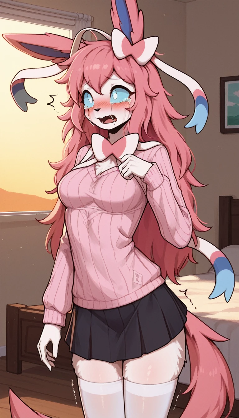 1girl, anthro, furry, fur, fluffy fur, sylveon girl, pink hair (cyan highlights), cyan sclera, white eyes, long pink hair, Messy hair, (19 years), medium breast, thighs, solo, (bedroom), sunset, detailed, pink sweater, black skirt, white stockings, looking at the viewer, blush, ch4irtied, trembling, scared, crying, score_9, score_8_up, score_7_up, score_6_up, score_5_up, score_4_up