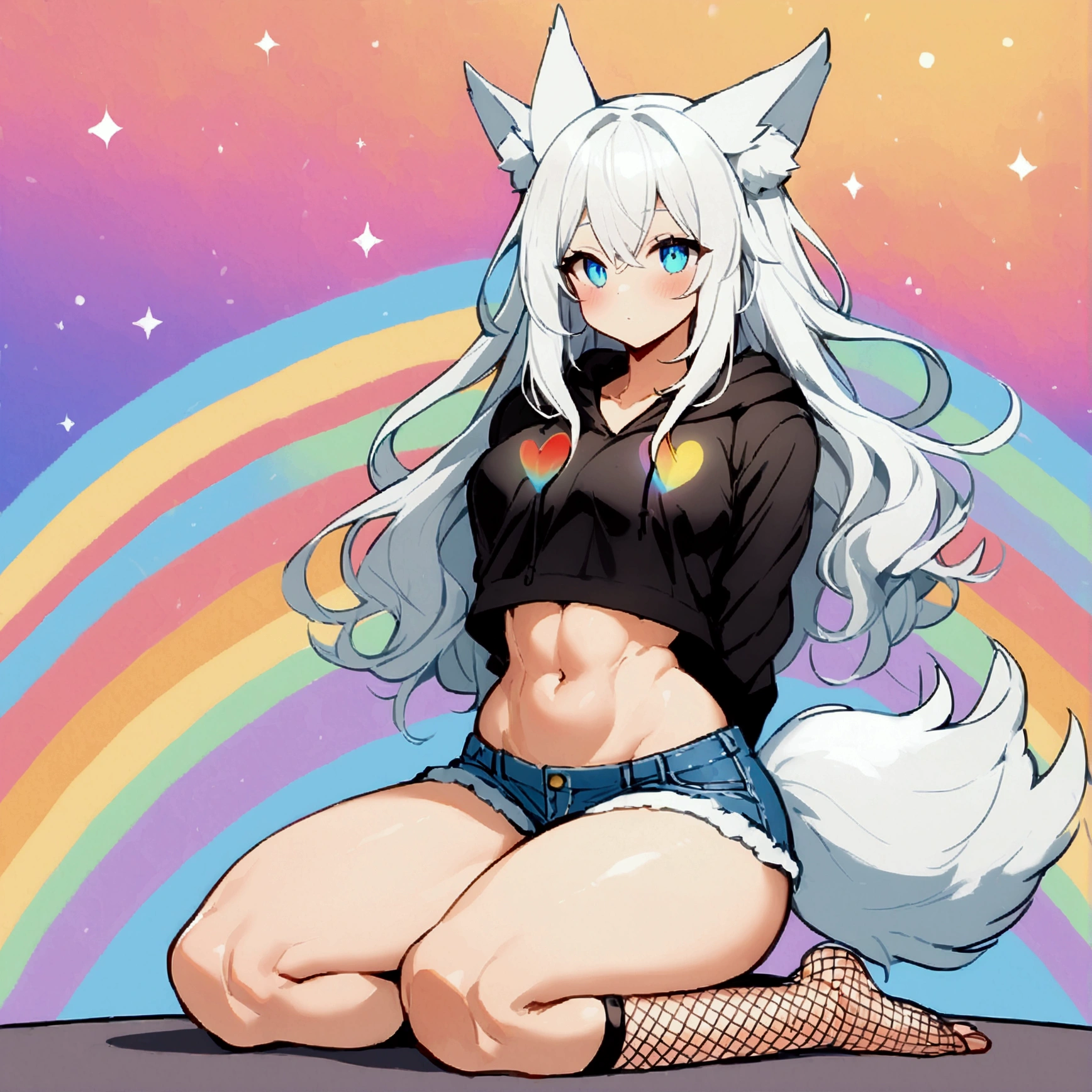 a cute adult male with wolf ears, long white hair, long locks, has a wolf tail, wearing a loose cropped black hoodie, wearing a pair of denim short shorts and fishnet stockings, thick thighs, wide hips, relaxing on mound of fluffy multi colored plushies, short, very slim, showing slender tummy, heart on hoodie, squishy thighs, has glowing blue eyes. alone, solo (ALONE)(SOLO), surrounded by rainbows, colorful galaxy backround, on knees stretching out