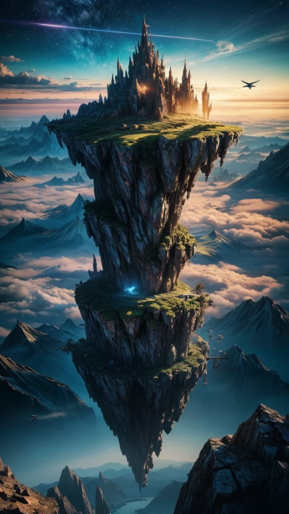 A mysterious island floating in the sky, people soaring around it, ultra-detailed, (best quality,4k,8k,highres,masterpiece:1.2),ultra-detailed,(realistic,photorealistic,photo-realistic:1.37),fantasy landscape,surreal,glowing island,floating islands,beautiful clouds,magical atmosphere,vibrant colors,dramatic lighting,dynamic poses,expressive characters,intricate details
